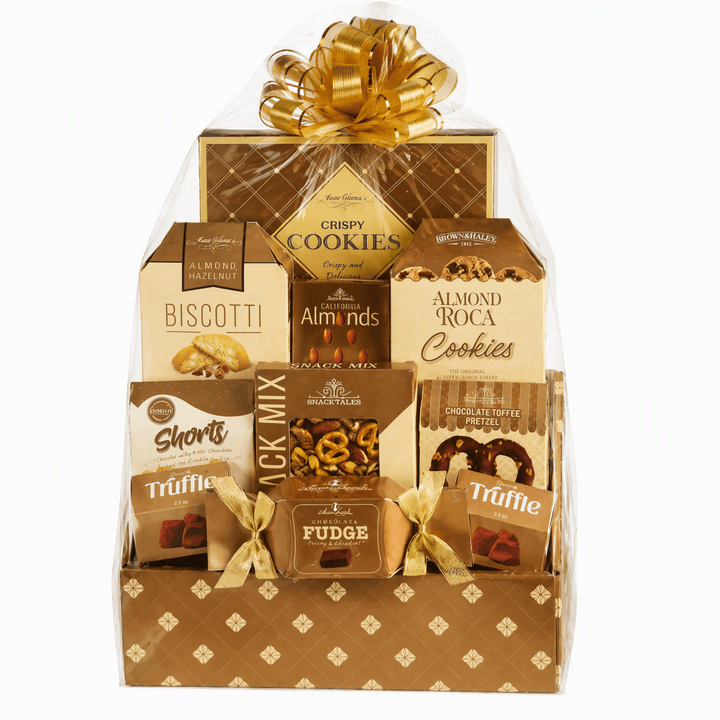 Tasteful Temptations Gourmet Gift Basket filled with biscotti, cookies, fudge, and snacks, elegantly packaged.