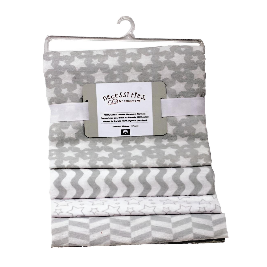 Tendertyme 4 Pk Receiving Blankets Hanging Set (Grey Prints) featuring soft cotton blankets in grey star and geometric designs.
