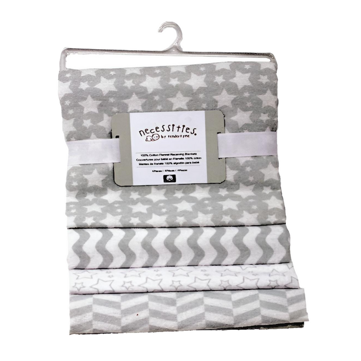 Tendertyme 4 Pk Receiving Blankets Hanging Set (Grey Prints) featuring soft cotton blankets in grey star and geometric designs.