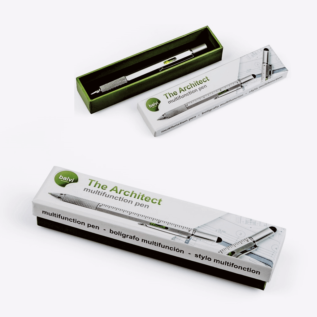 The Architect Multifunction Pen in packaging showcasing its sleek design and features including a ruler and stylus.