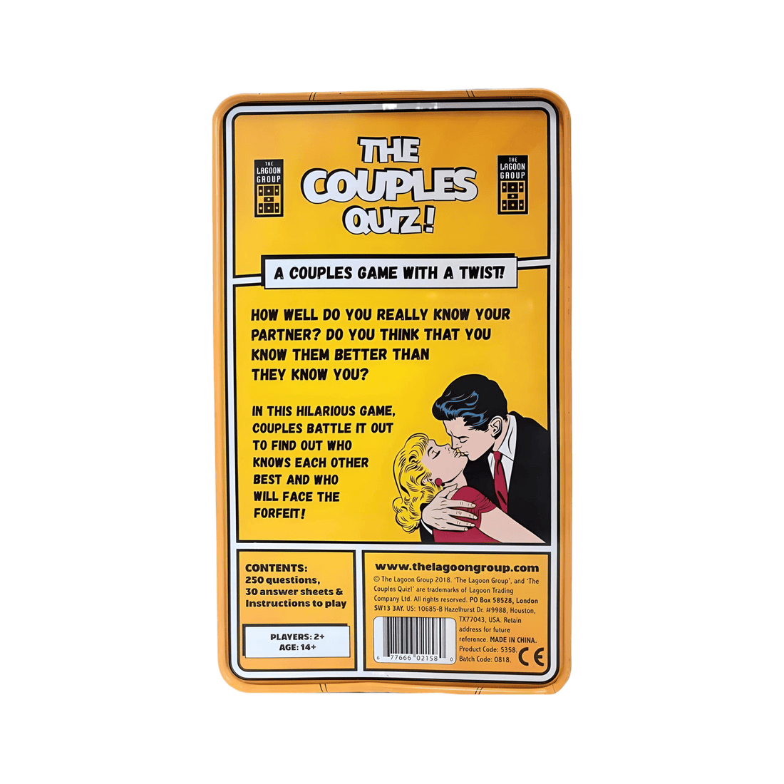 Game box for The Couples Quiz featuring characters and description of a fun couples competition.