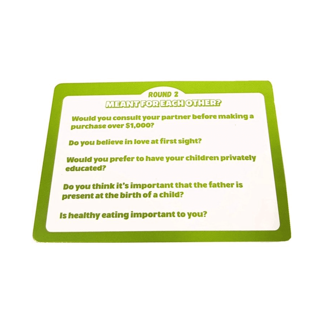 Question card for The Couples Quiz game, featuring fun prompts about love and partnership.