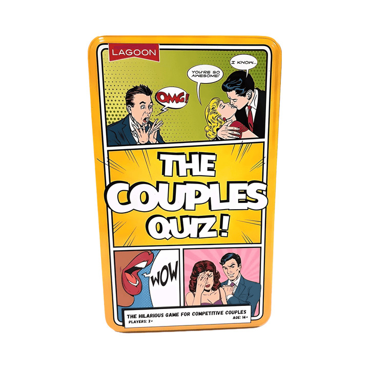 The Couples Quiz game box featuring comic-style graphics and text for couples and friends to play together.