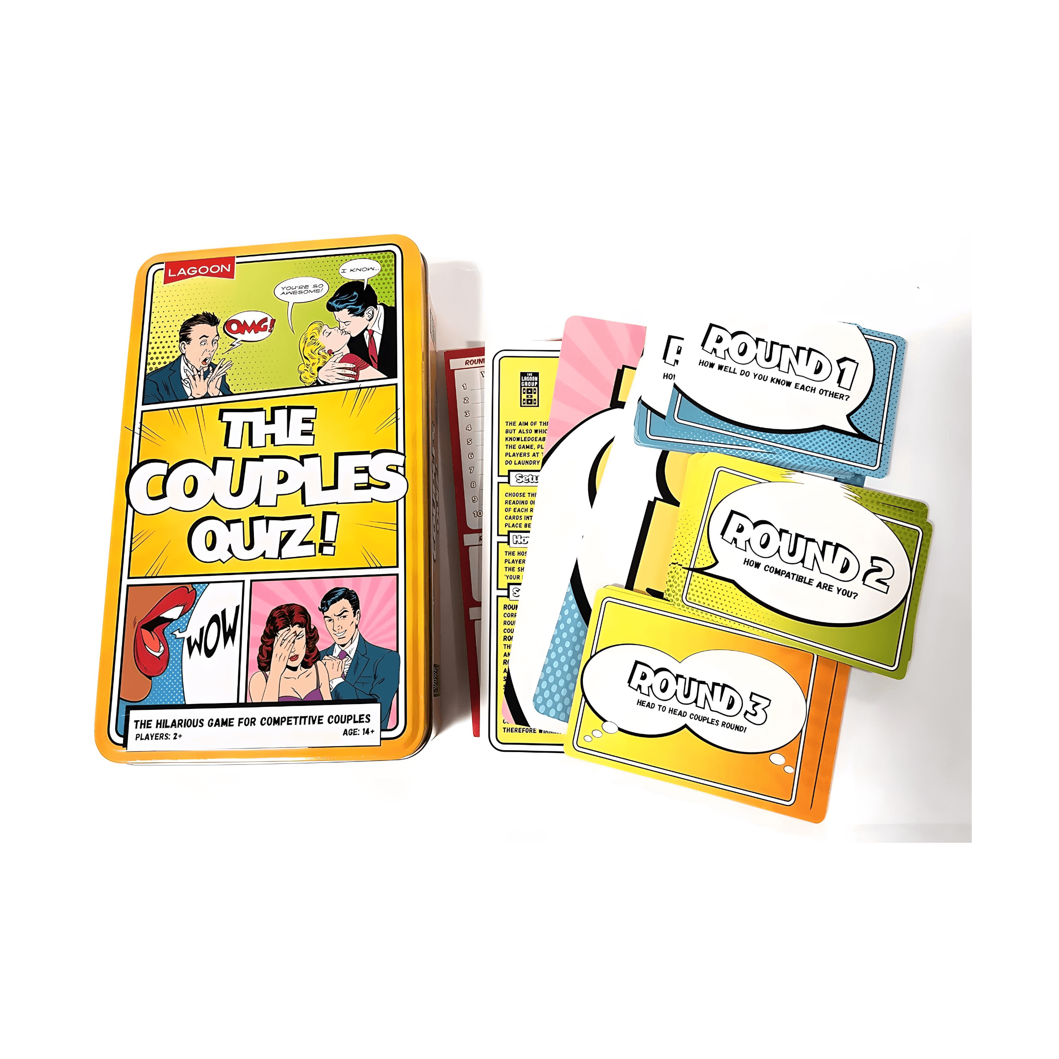 Couples quiz game set with colorful packaging and cards on a white background