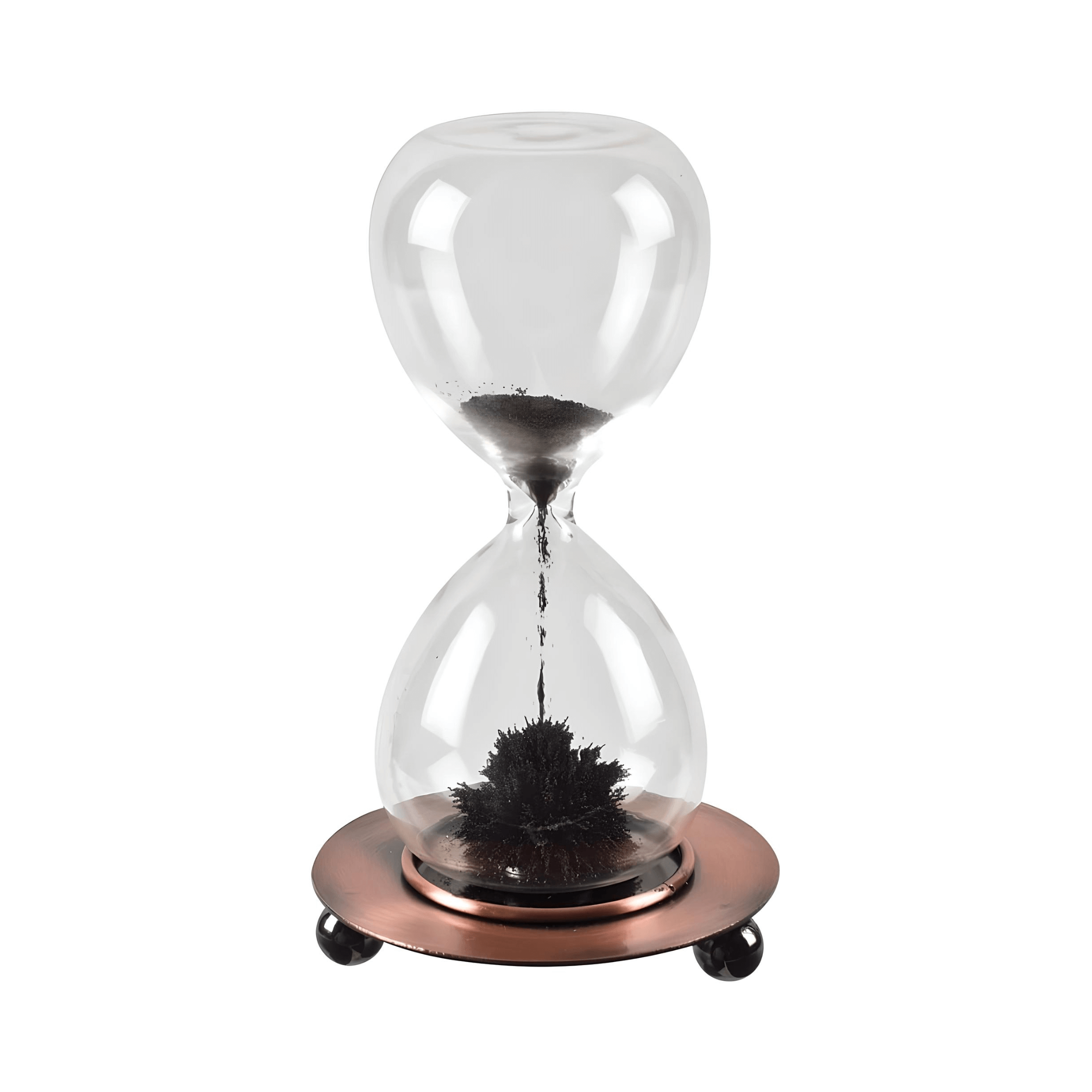 Mesmerizing glass hourglass sand timer with magnetic base creating unique iron filings sculptures.