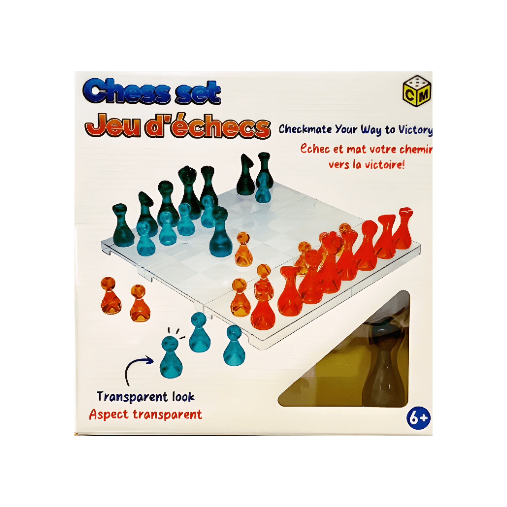 Transparent chess set featuring colorful pieces in blue and red on a modern design board.