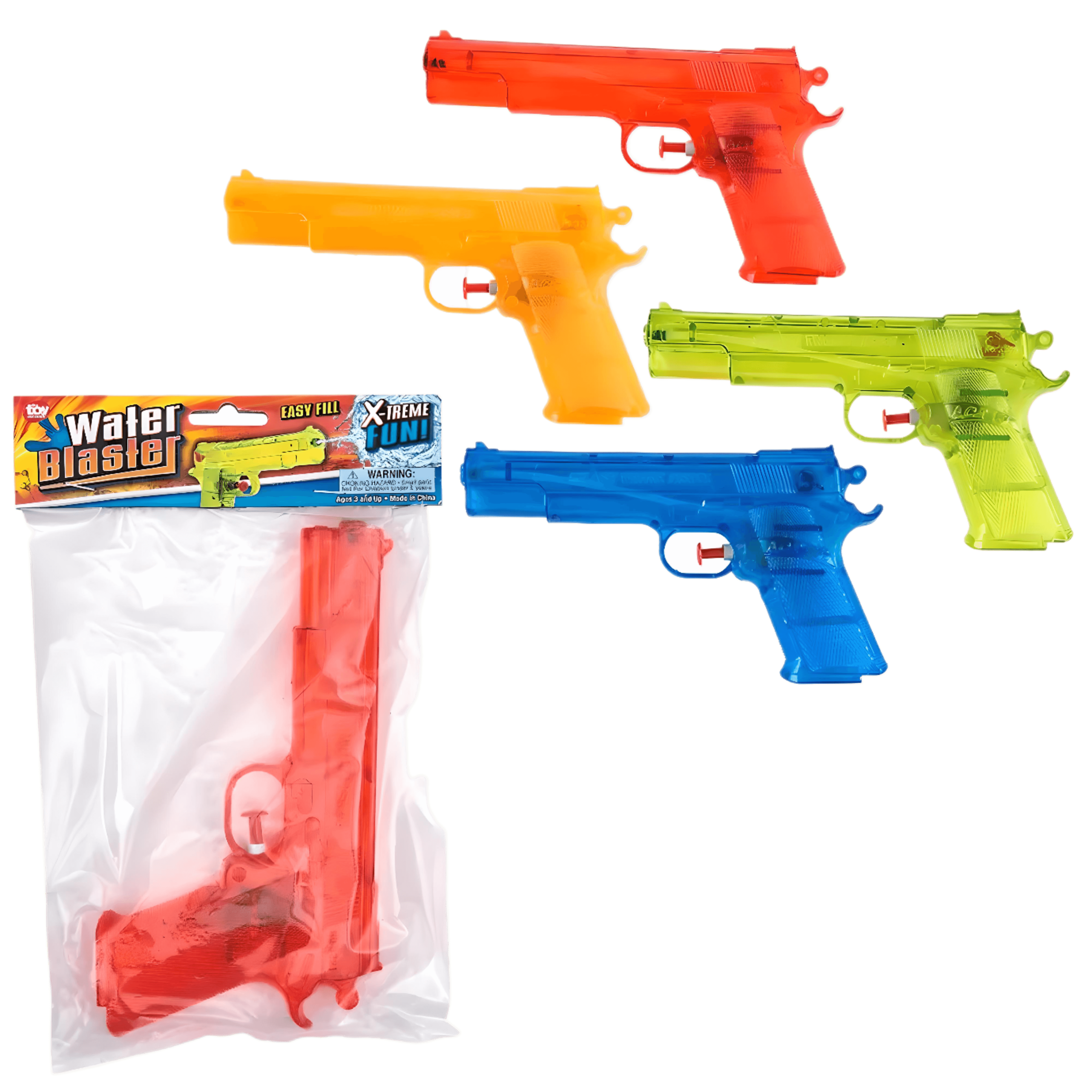 Transparent Water Squirter Toy for Kids - Assorted colors including red, yellow, blue, and green water blasters.