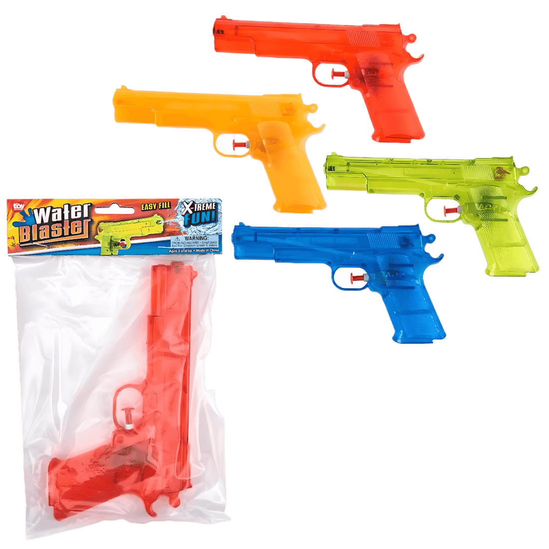 Transparent Water Squirter Toy for Kids - Assorted colors including red, yellow, blue, and green water blasters.