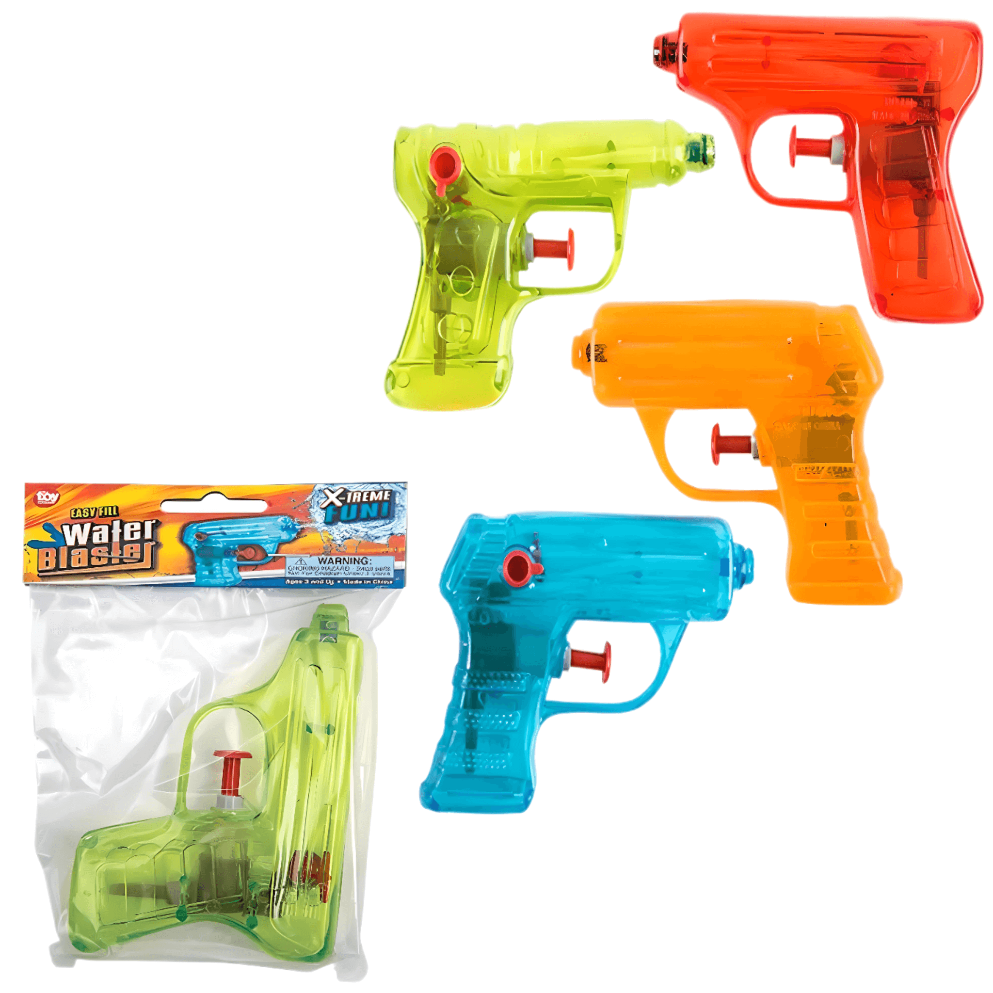 Transparent Water Squirter Toy for Kids in assorted colors including blue, yellow, orange, and red with packaging.