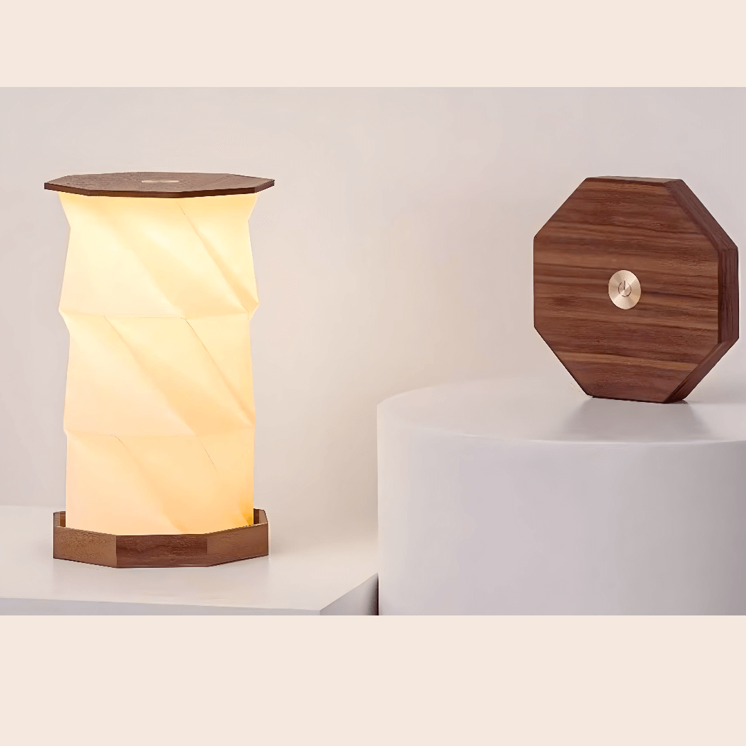 Twist Hexagon Lamp in walnut, featuring modern design with Tyvek paper for elegant lighting.