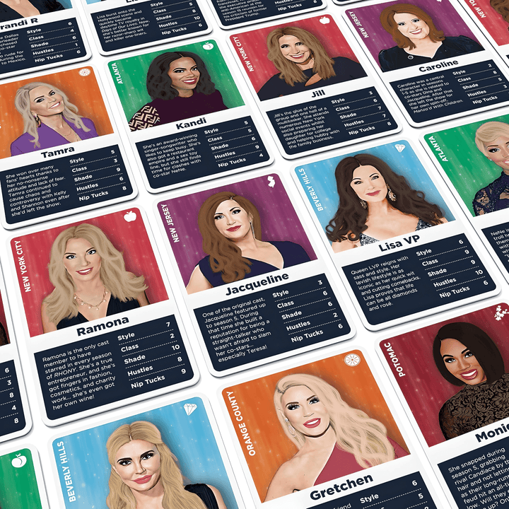 Collection of character cards from Ultimate Housewives Card Game featuring iconic reality show personalities.