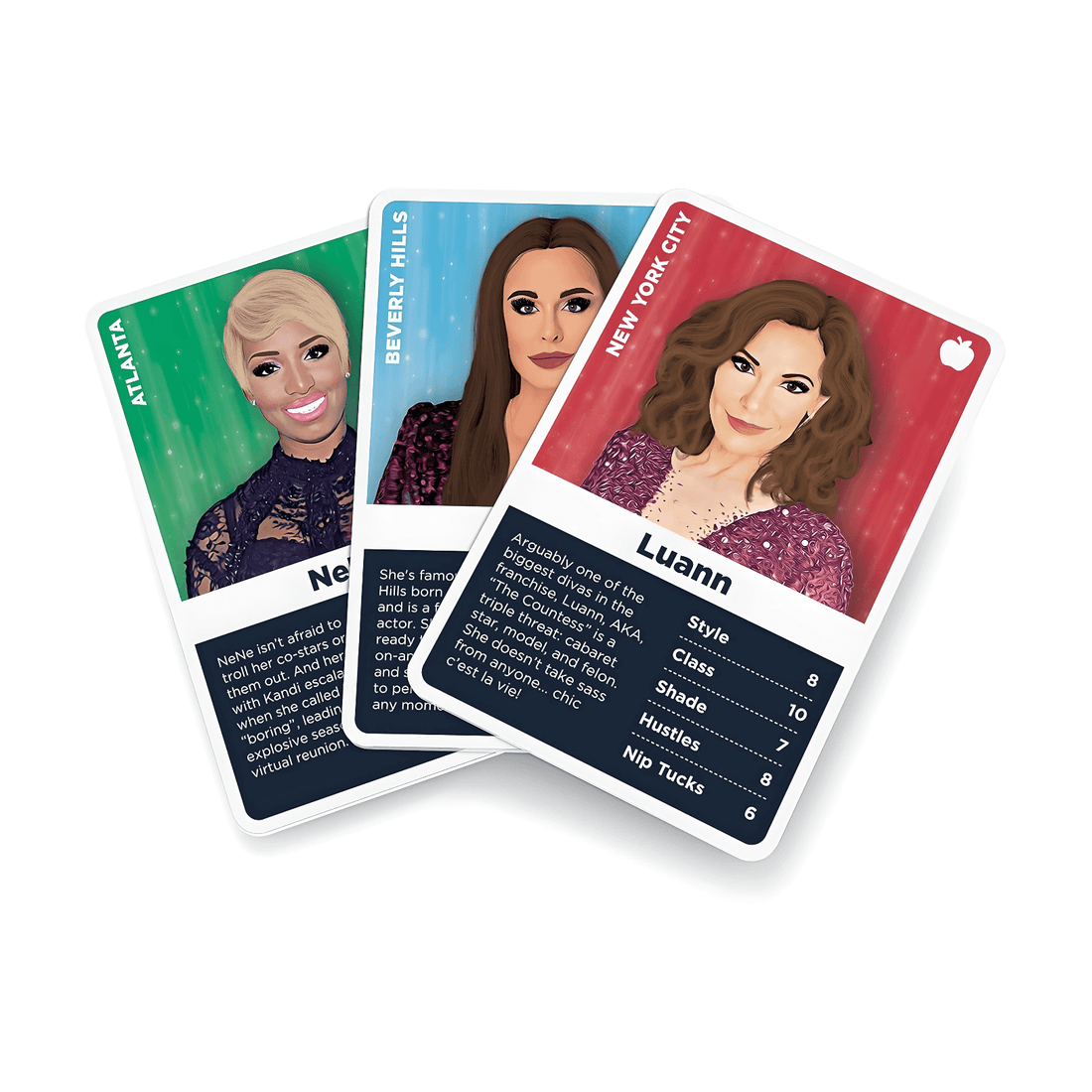 Three cards from the Ultimate Housewives Card Game featuring characters from Atlanta and New York City.