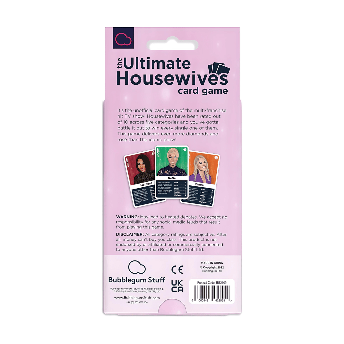Ultimate Housewives card game packaging featuring multi-franchise reality show characters and drama-filled gameplay.