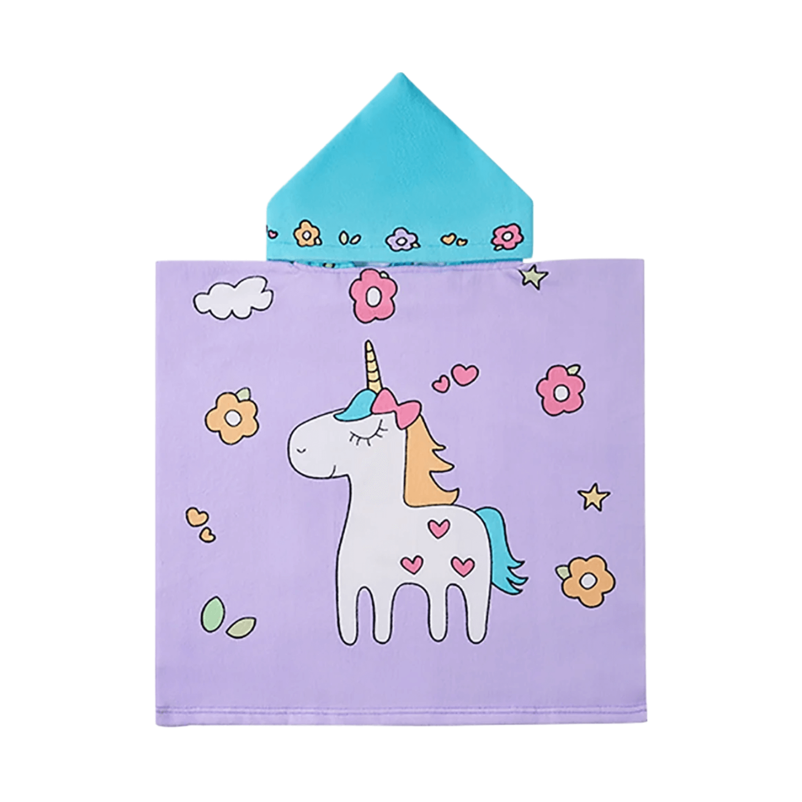 Unicorn kids hooded towel with colorful designs, perfect for magical bath time adventures.