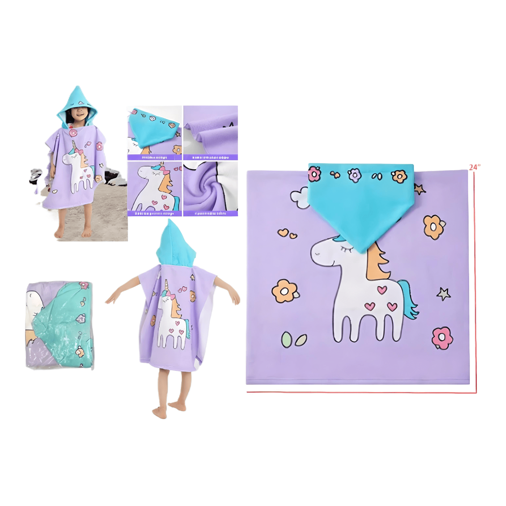 Unicorn kids hooded towel in purple with unicorn design, perfect for bath, pool, or beach fun.