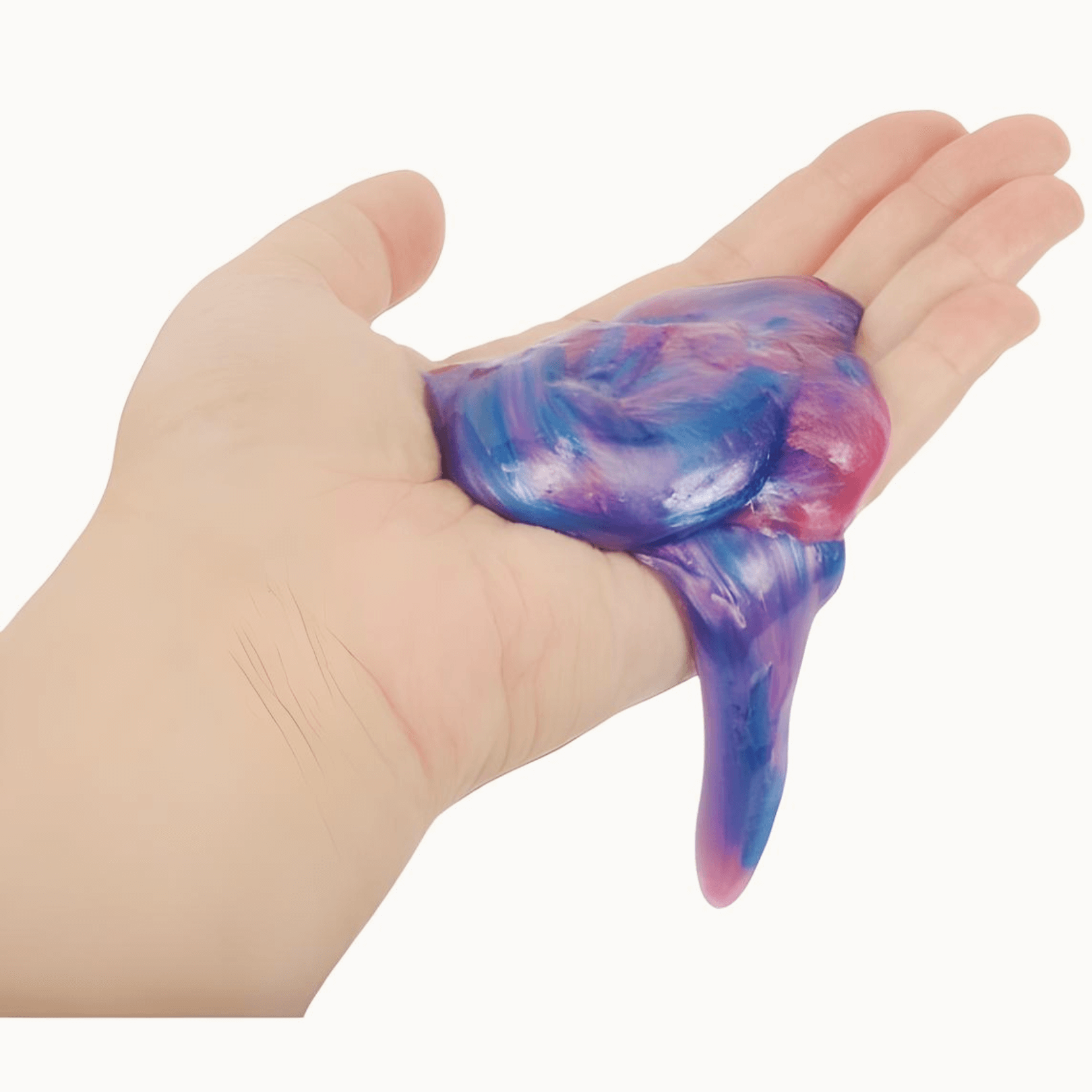 Colorful Unicorn Poop Glitter Slime Putty in hand, showcasing vibrant hues of purple and pink for kids' sensory fun.