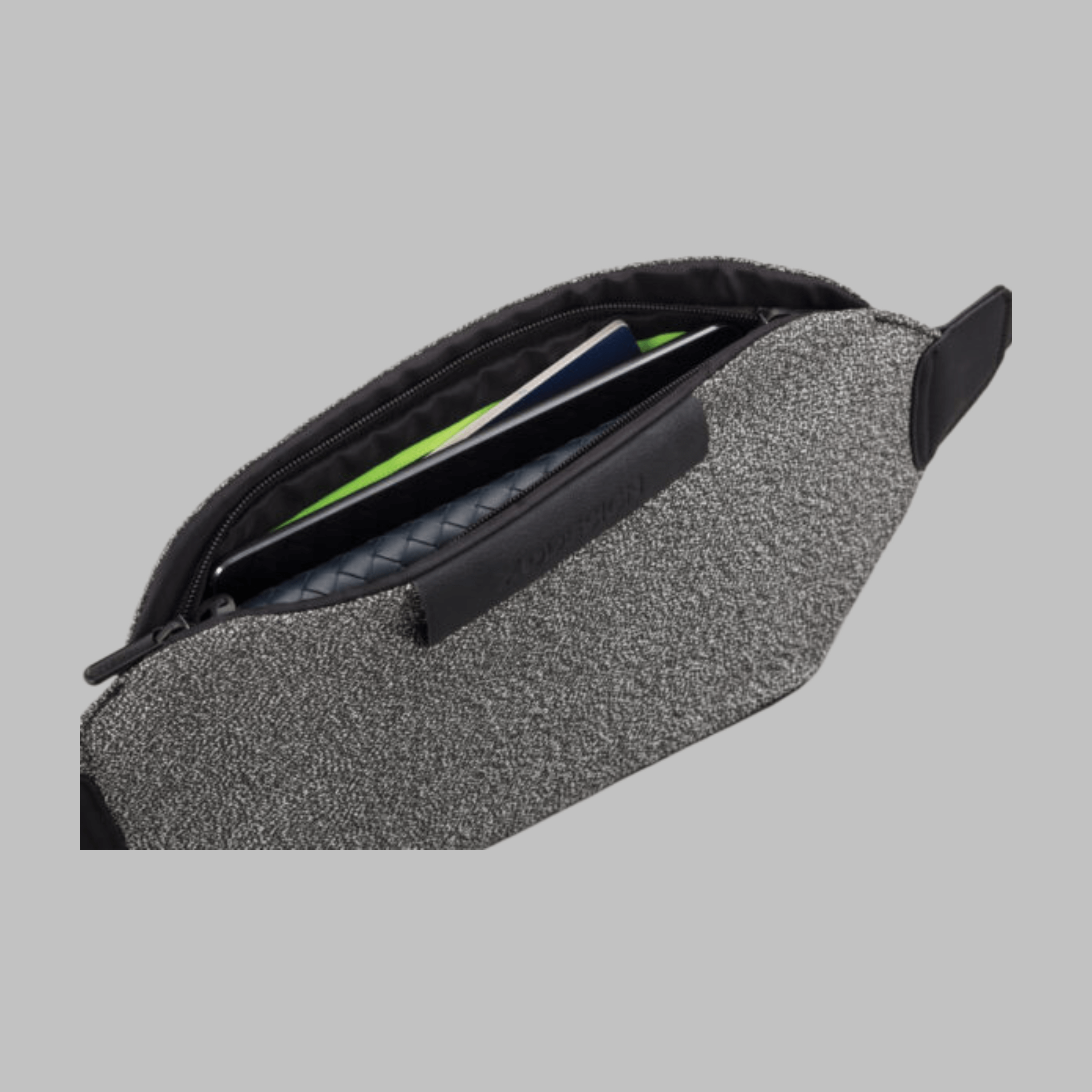 Open view of the XD Design Urban Anti-Theft Bumbag showing secure storage for cards and essentials in grey.