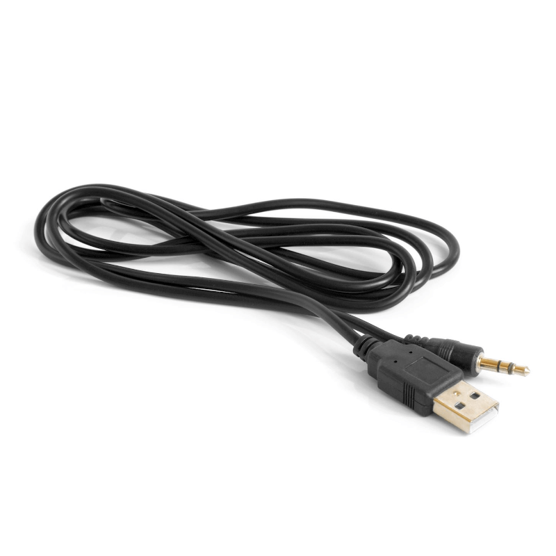 Black USB to 3.5mm audio cable for connecting devices and transferring data.