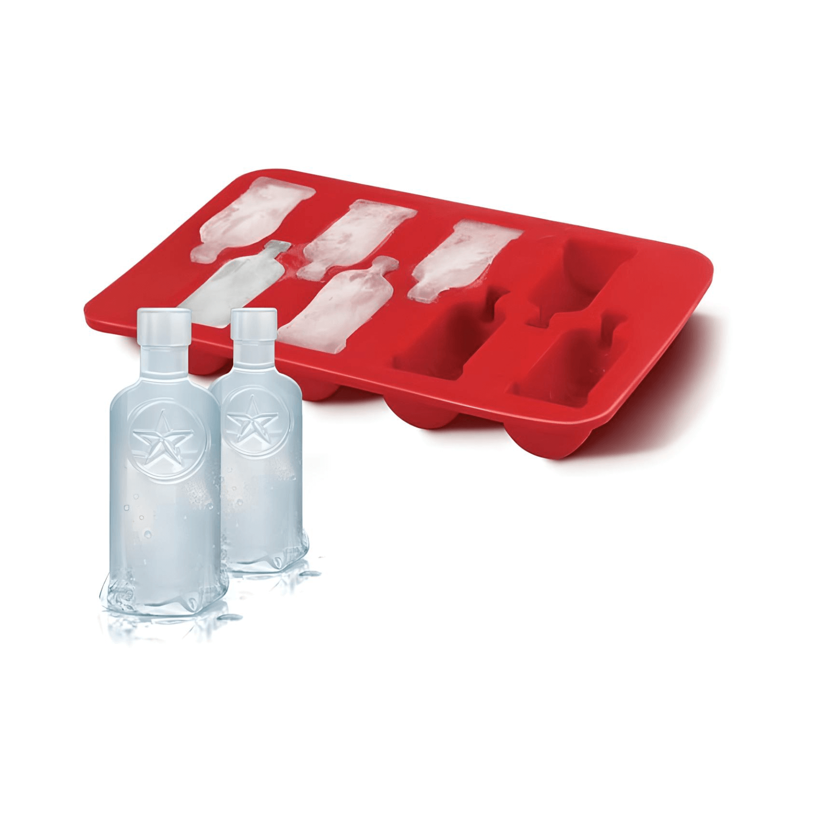 Vodka Bottle Ice Cube Tray in red with mini vodka bottle-shaped ice cubes and two vodka bottles.
