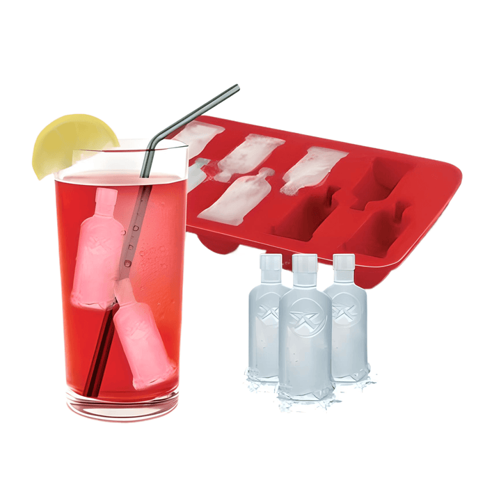 Vodka Bottle Ice Cube Tray in red with vodka ice cubes in a drink and bottles behind.