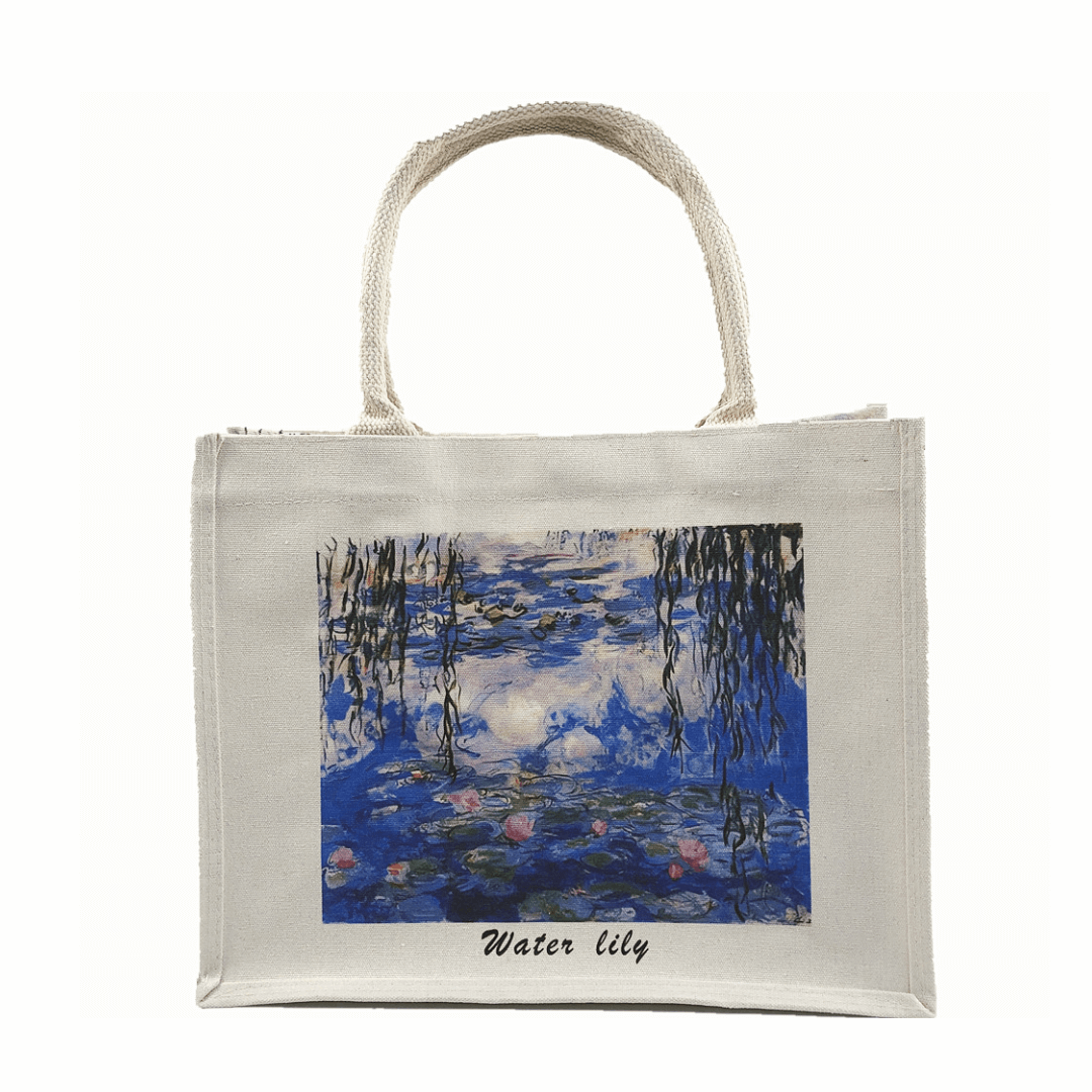 Water Lily Canvas Tote Bag featuring vibrant oil painting design on durable canvas, perfect for art lovers and eco-conscious shoppers.