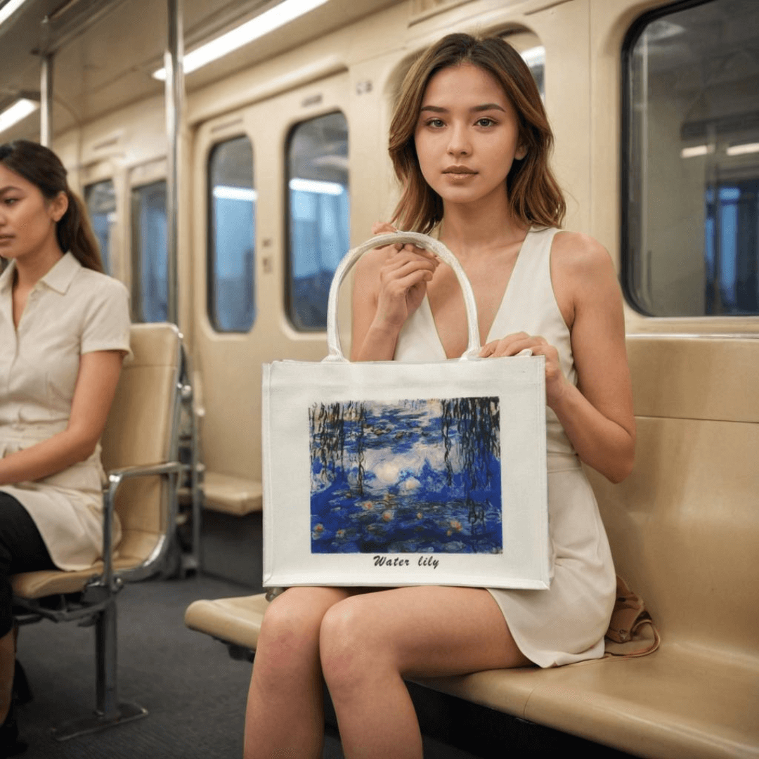 Woman holding Water Lily Canvas Tote Bag in subway, showcasing artistic design and style.