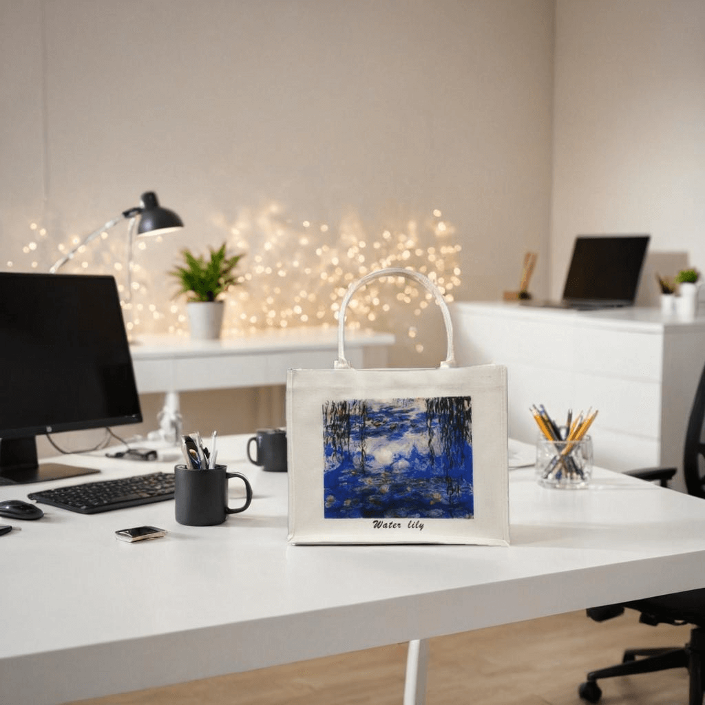 Water Lily canvas tote bag displayed on a stylish desk with a warm and inviting workspace backdrop.