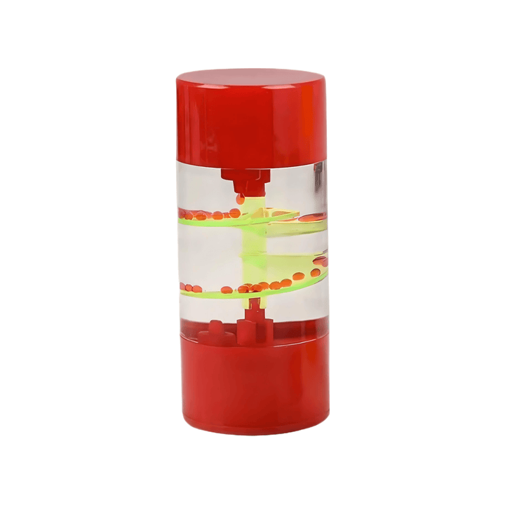 Water Spiral Timer in red, displaying liquid motion and colorful balls for relaxation and fun.
