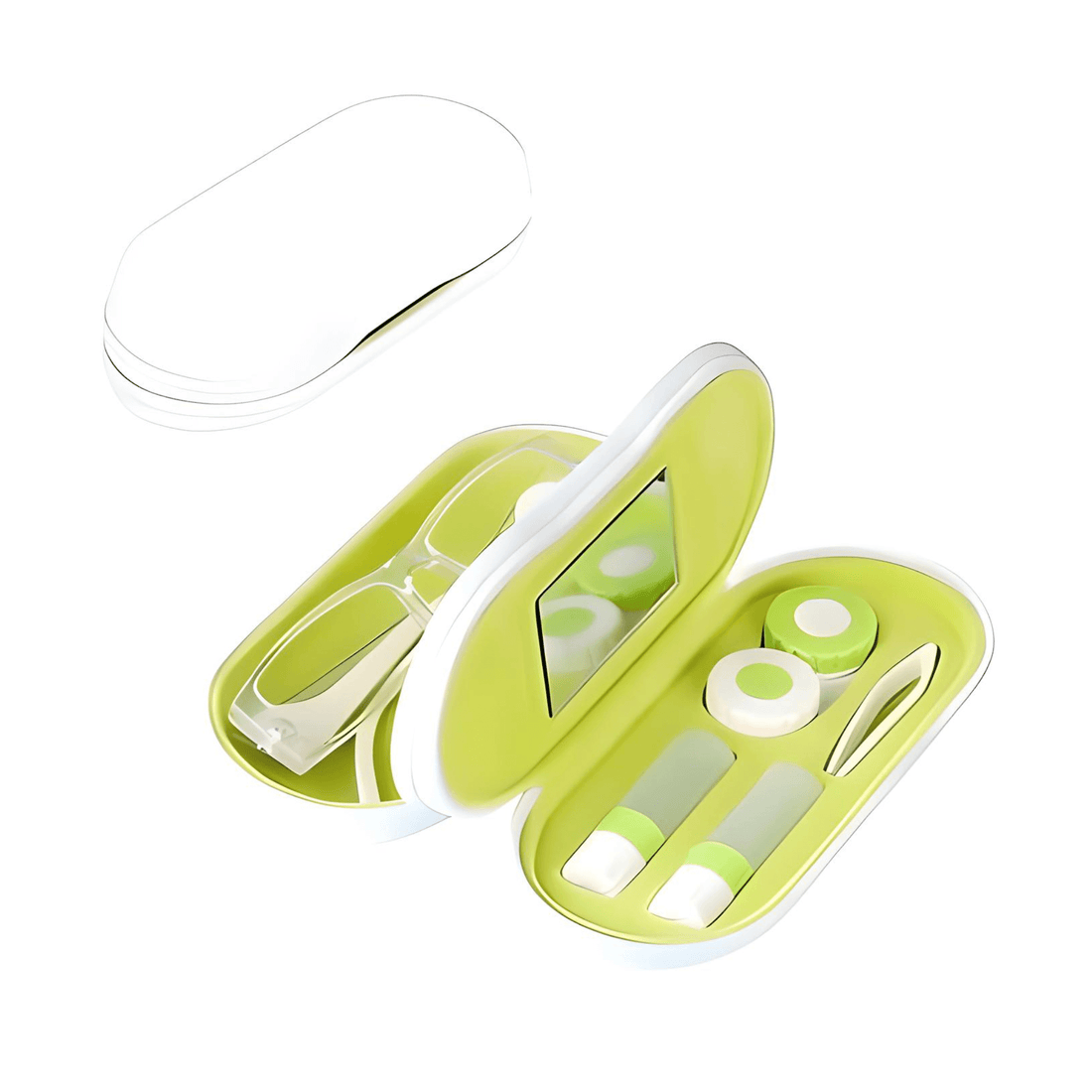 White eyeglass and contact lens case travel kit with mirror, solution bottles, and tweezers