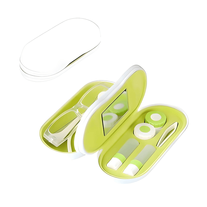 White eyeglass and contact lens case travel kit with mirror, solution bottles, and tweezers
