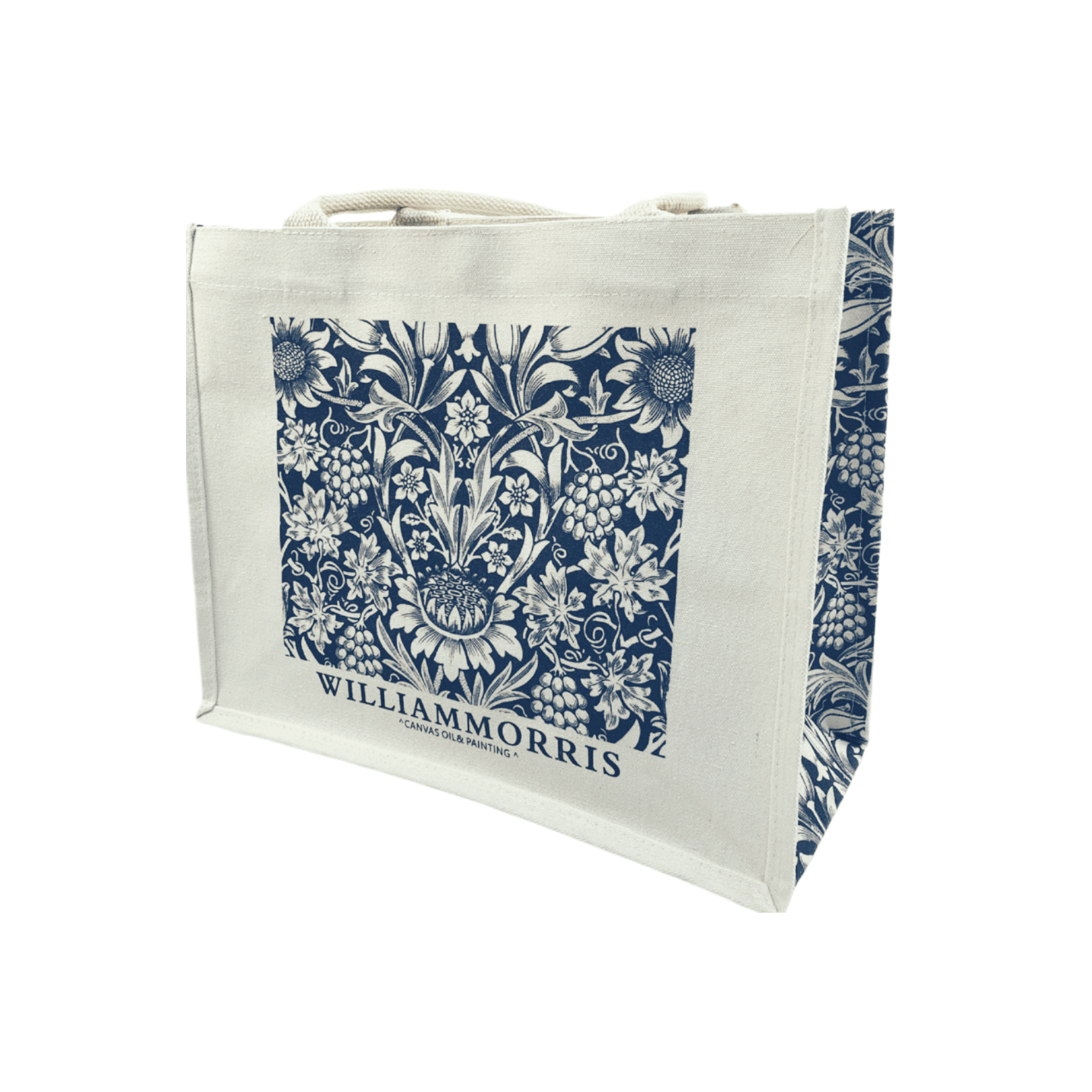 William Morris oil painting canvas tote bag featuring intricate botanical patterns in blue and white.