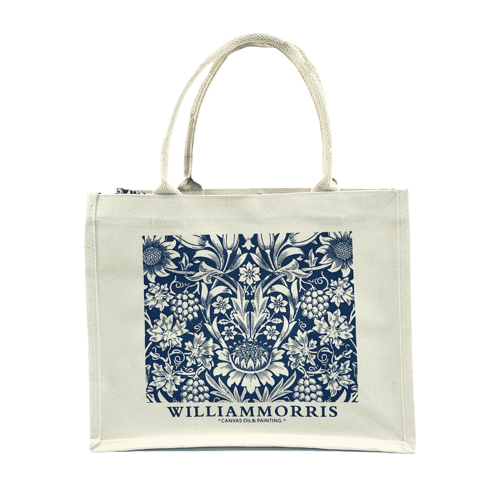 Oil painting canvas tote bag featuring William Morris' iconic floral designs and elegant craftsmanship.