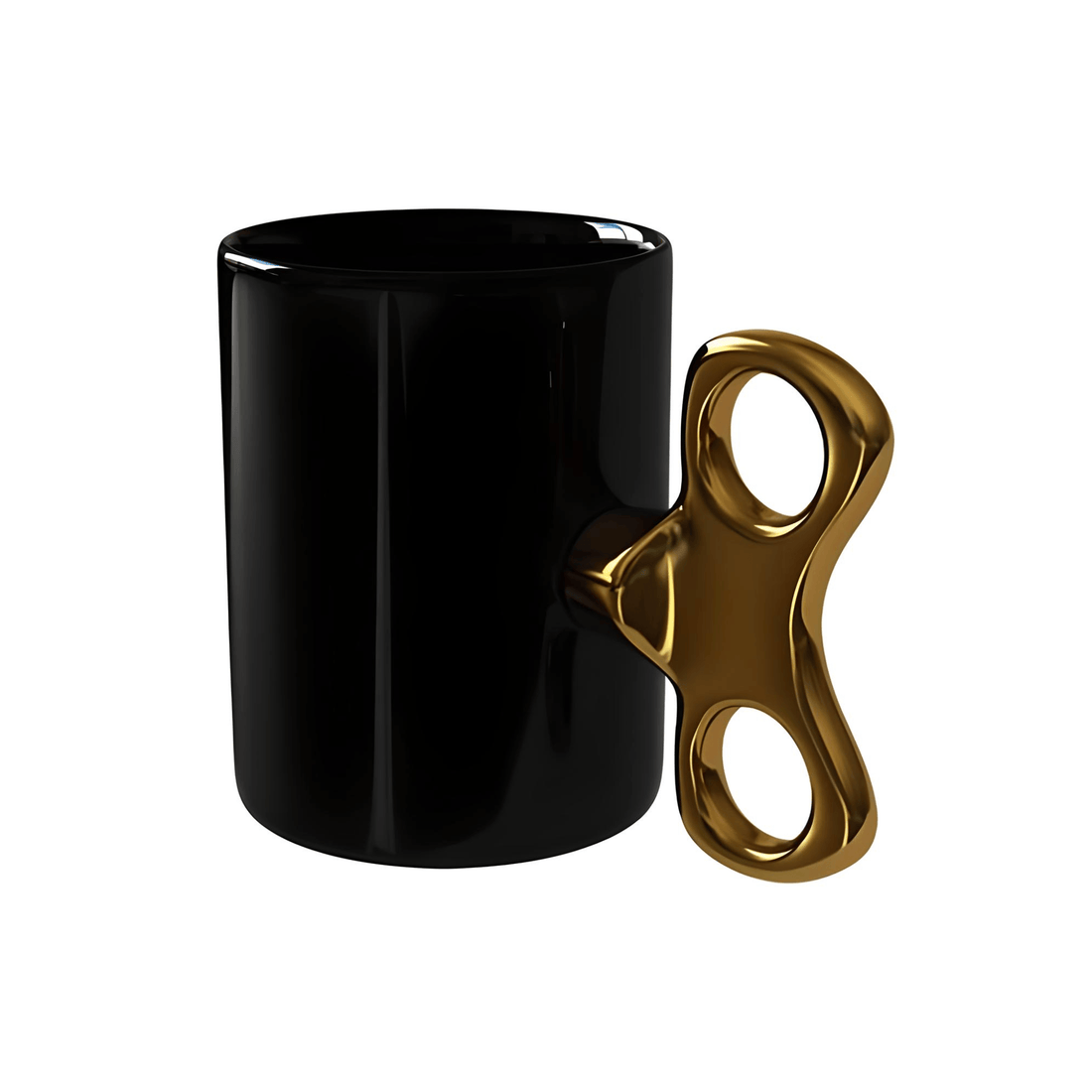 Wind-Up Mug Black with Gold handle featuring a unique gold key-shaped handle for an imaginative coffee break.