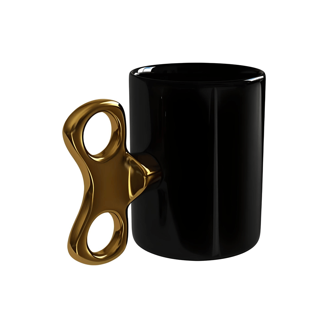 Wind-Up Mug Black with Gold handle featuring a unique gold key-shaped handle for a playful coffee experience.
