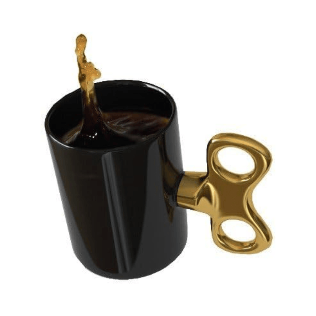 Wind-Up Mug Black with Gold handle with coffee splash, showcasing its playful design and unique key-shaped handle.