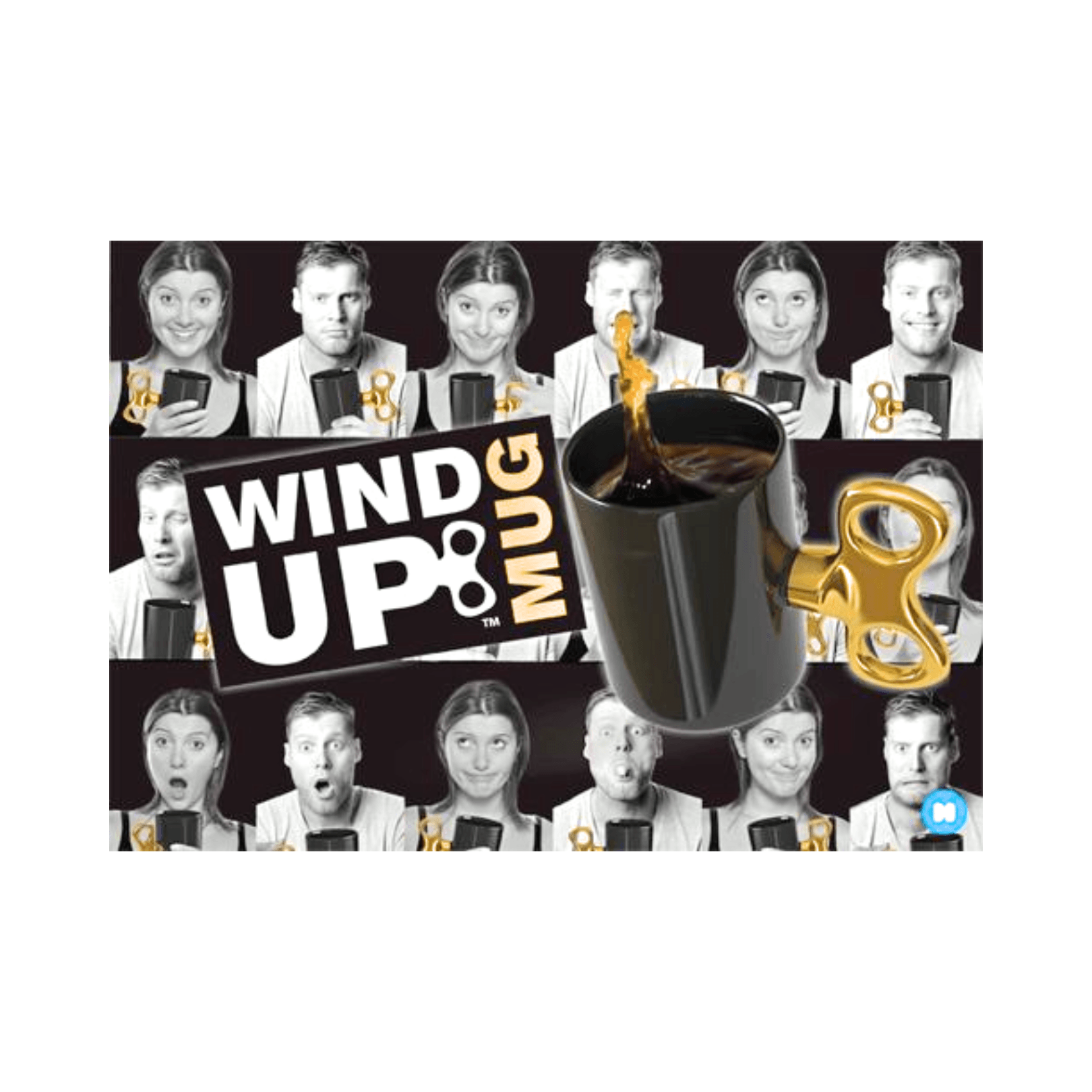 Wind-Up Mug Black with Gold handle with coffee spilling from its unique key-shaped handle.