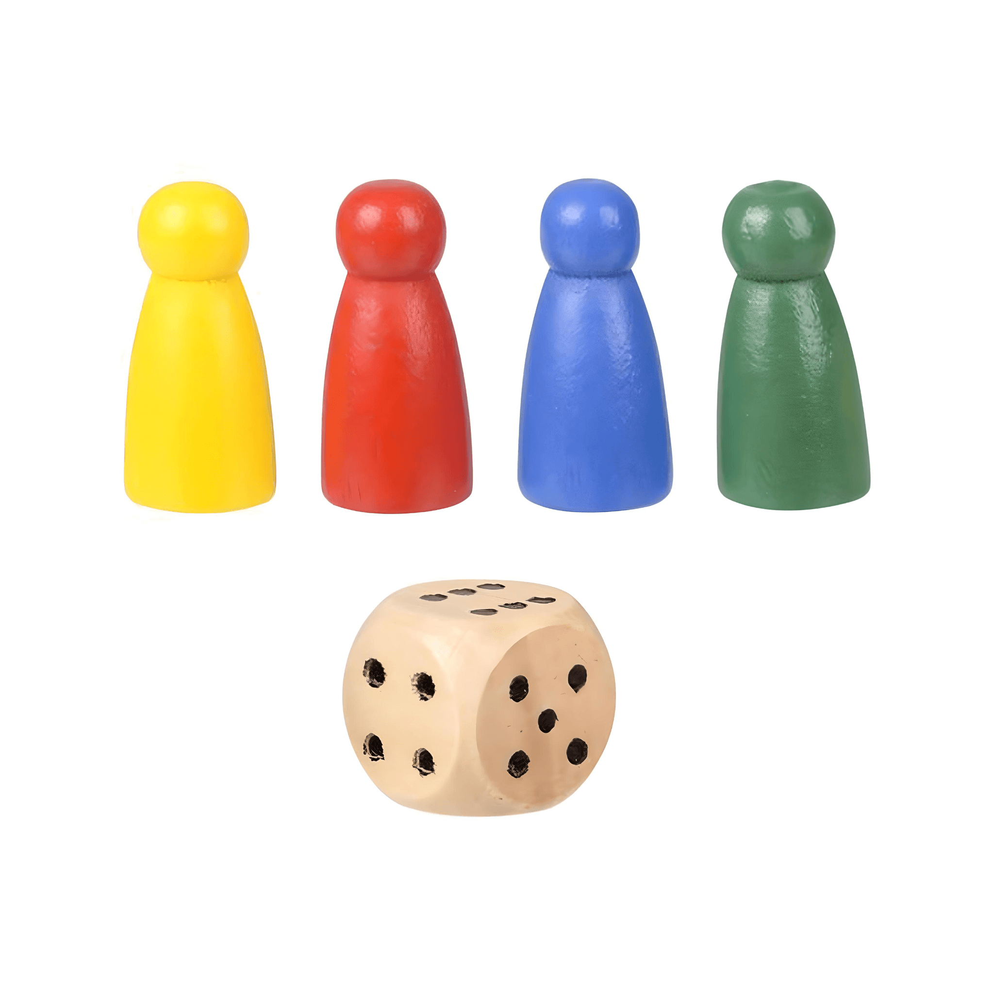 Wooden Snakes and Ladders 10" – Classic Family Board Game game pieces and dice.