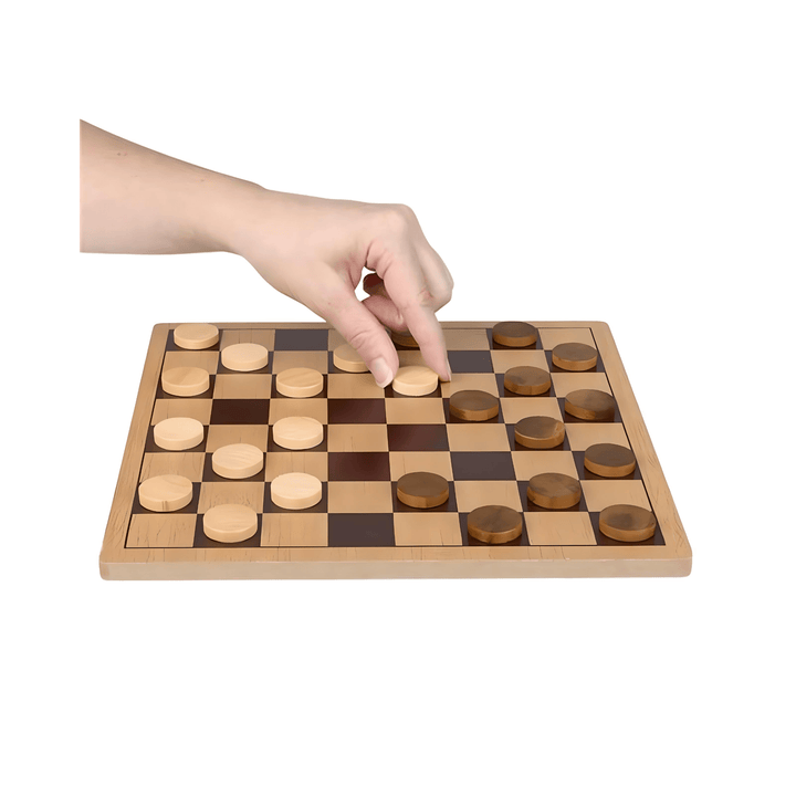 Hand moving a piece on a Wooden Checkers Set 10" travel board game.