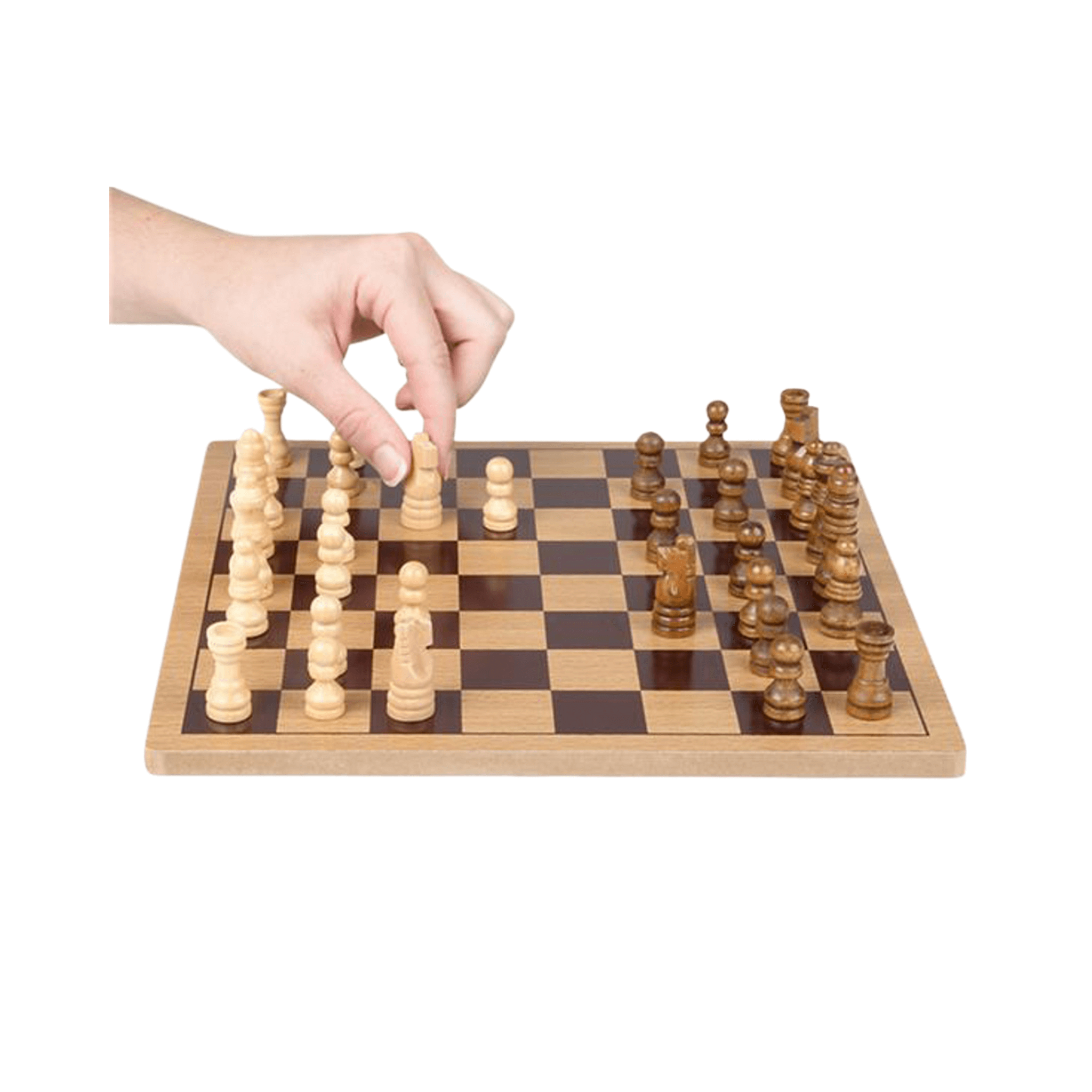 Hand moving a piece on a Wooden Chess Set, showcasing a compact travel board design.