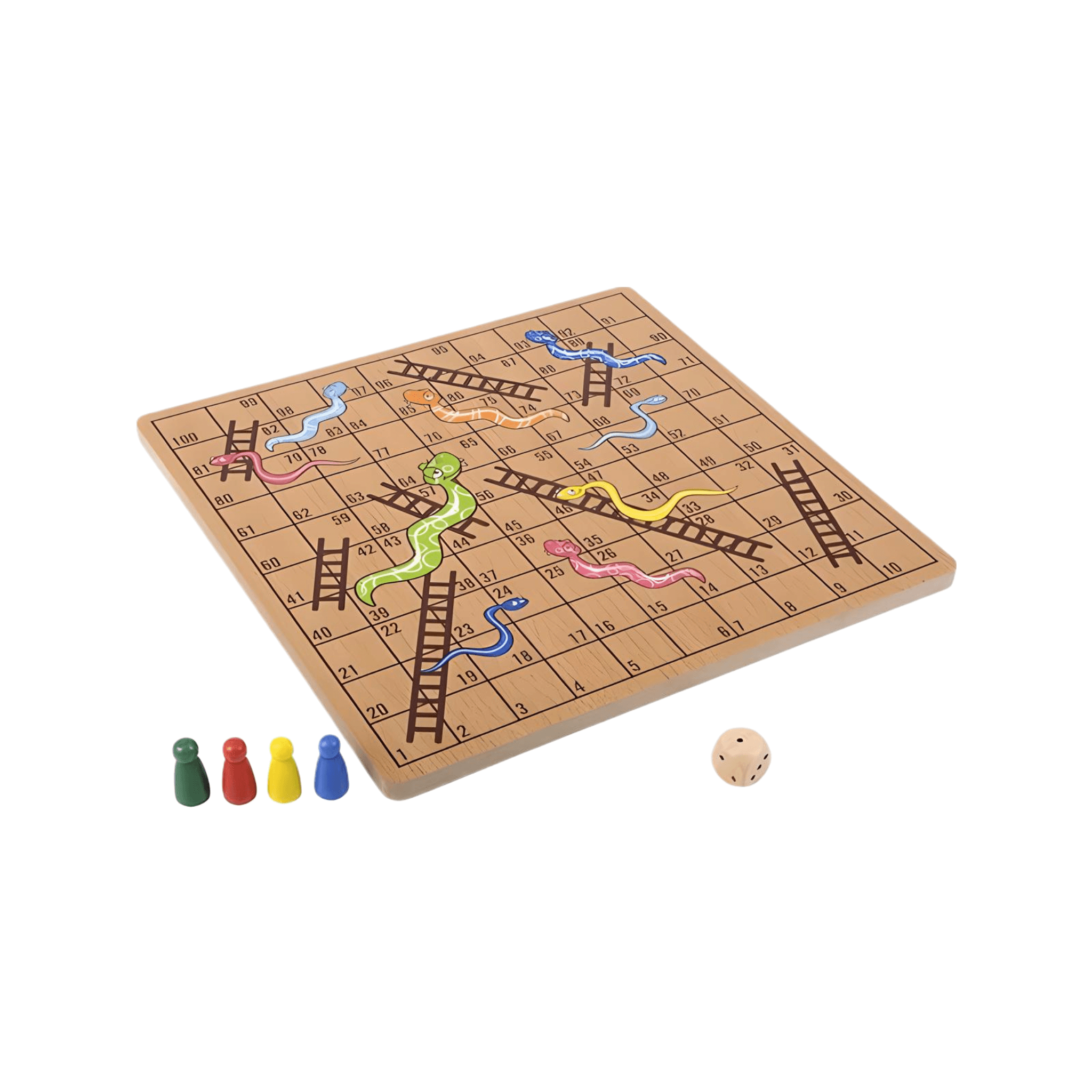 Wooden Snakes and Ladders 10" – Classic Family Board Game with game board, dice, and colorful playing pieces.