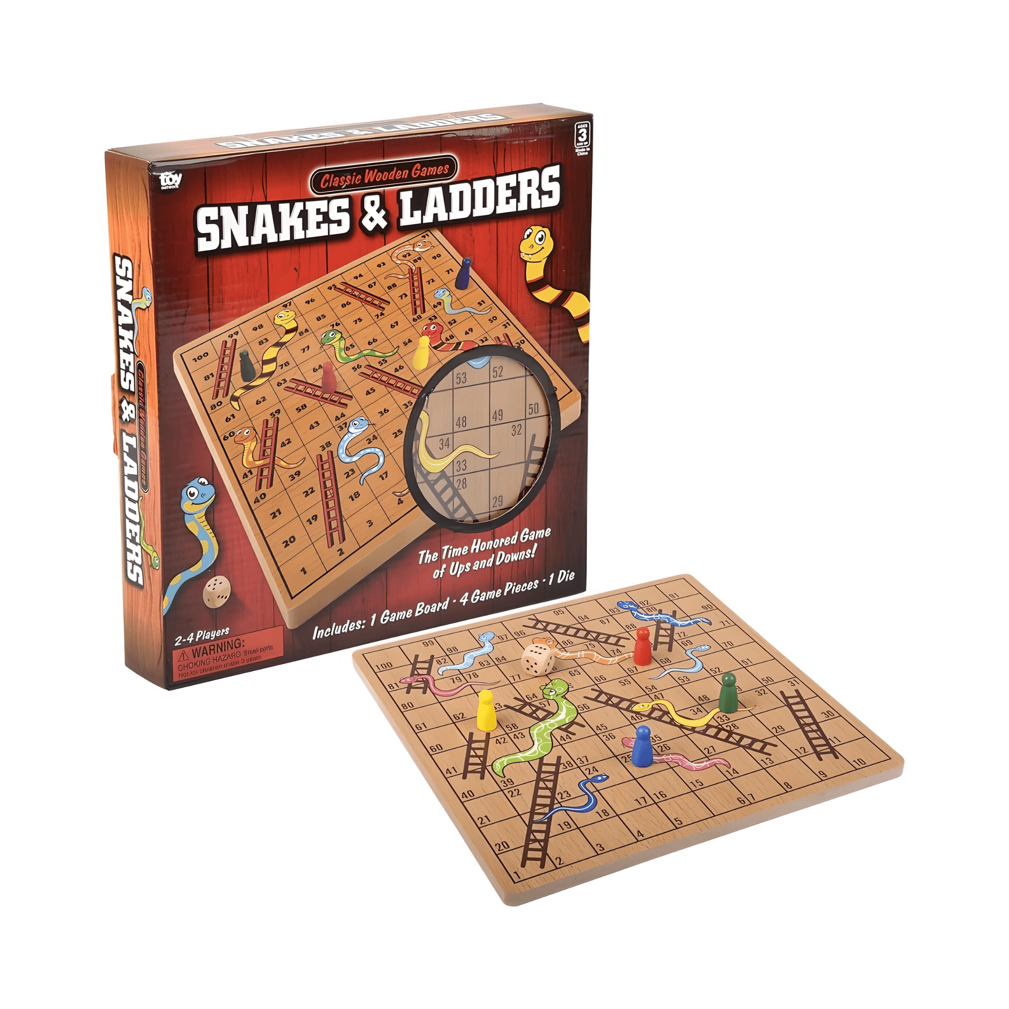 Wooden Snakes and Ladders 10" – Classic Family Board Game in its packaging with colorful game board and pieces.