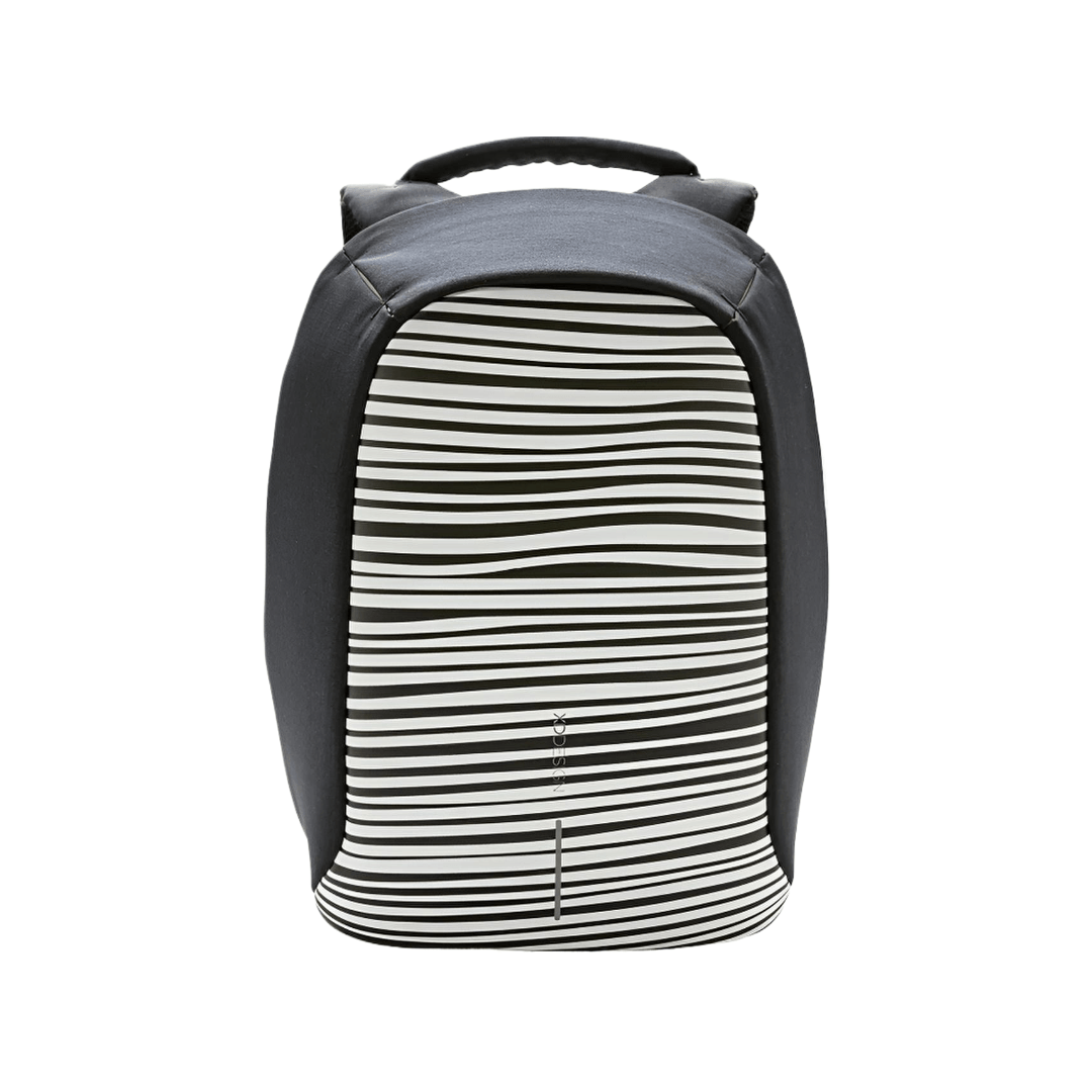 XD Design Bobby Compact Anti-Theft Backpack - Zebra with a stylish striped design for secure travel.