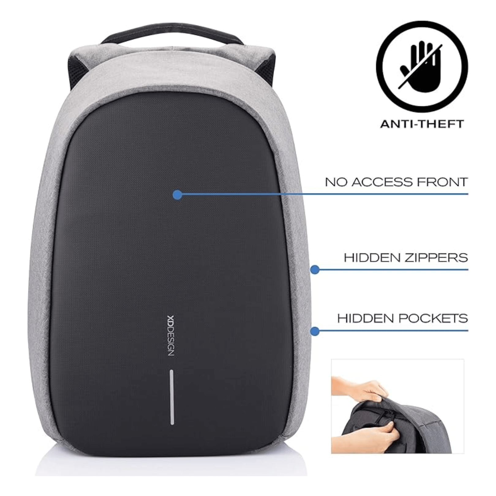 XD Design Bobby Pro Anti-Theft Backpack showcasing hidden zippers, pockets, and sleek grey design for secure city travel.