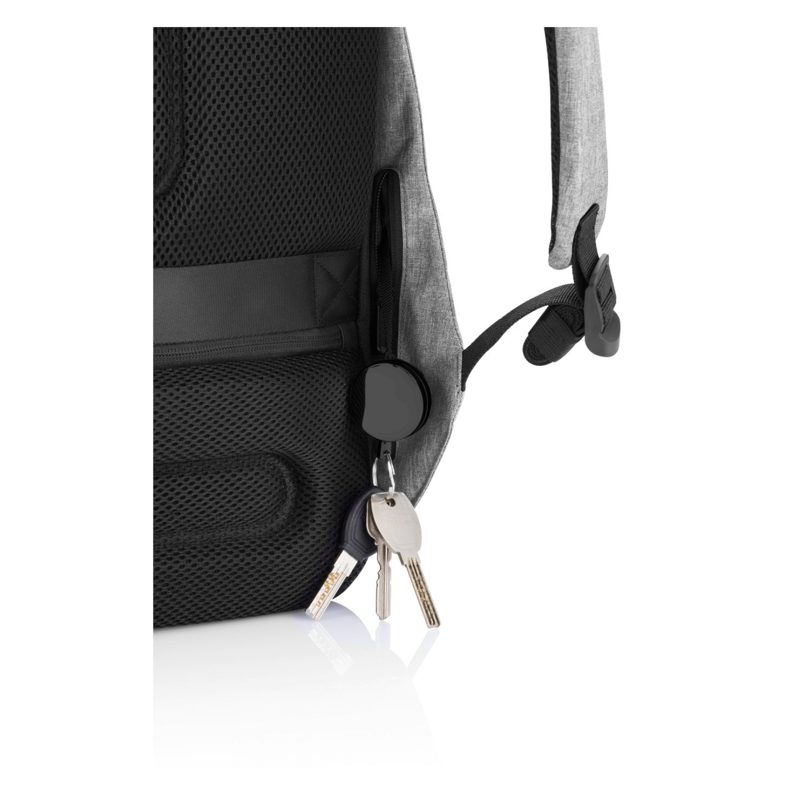 XD Design Bobby Pro Anti-Theft Backpack side view with keys attached, showcasing sleek grey design and functional features.