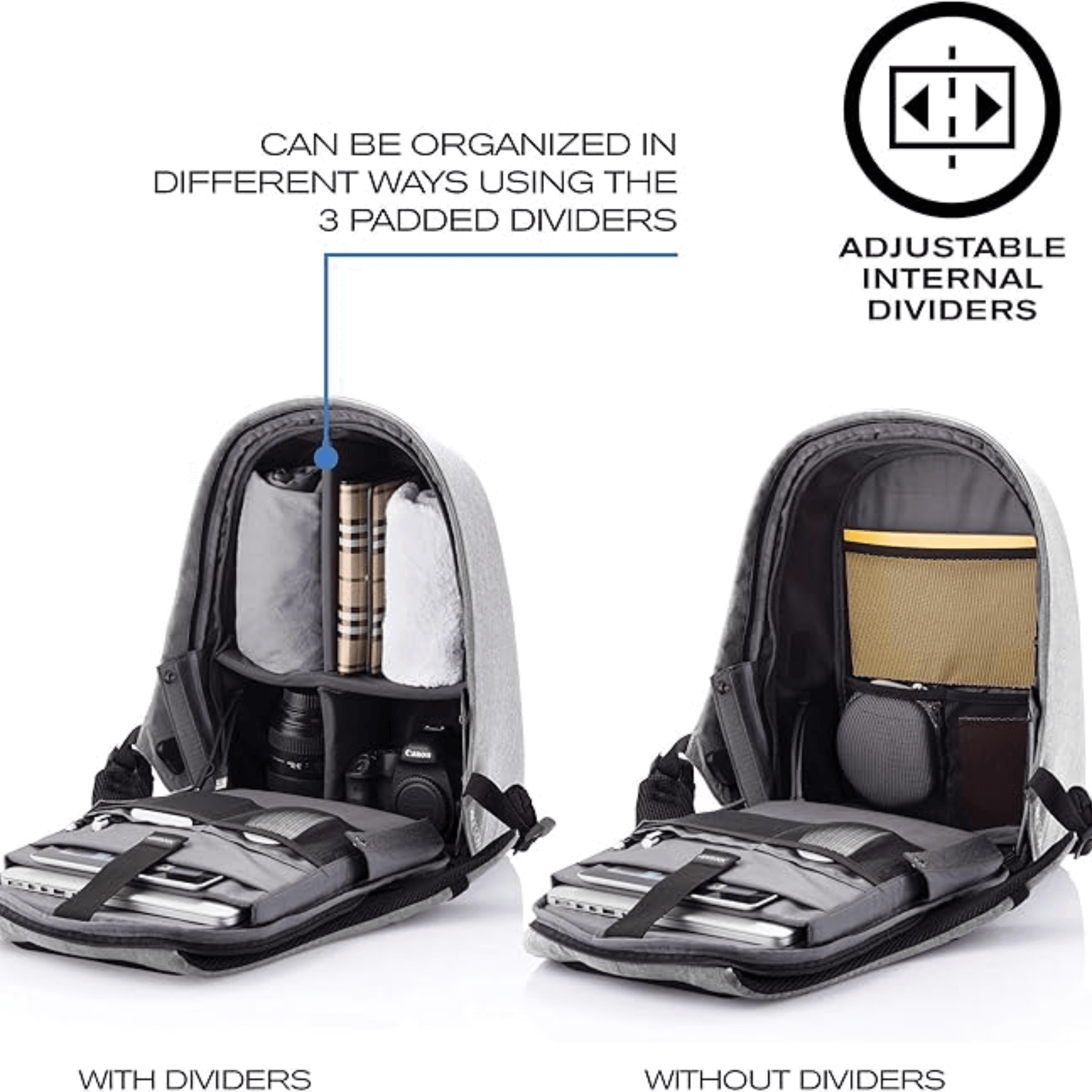 XD Design Bobby Pro Anti-Theft Backpack with adjustable padded dividers for customizable organization.