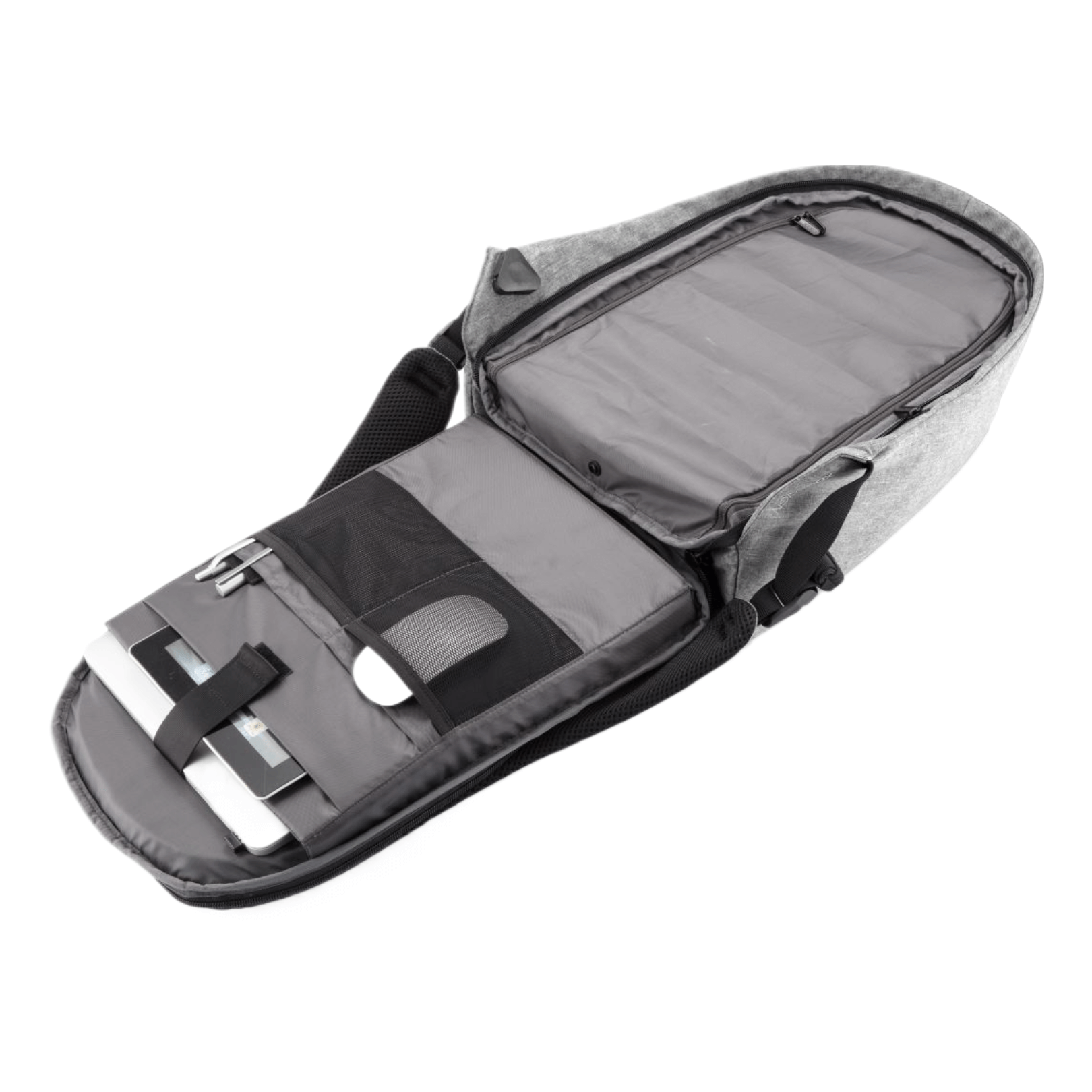 Interior view of the XD Design Bobby Pro Anti-Theft Backpack showing organization pockets and compartments.