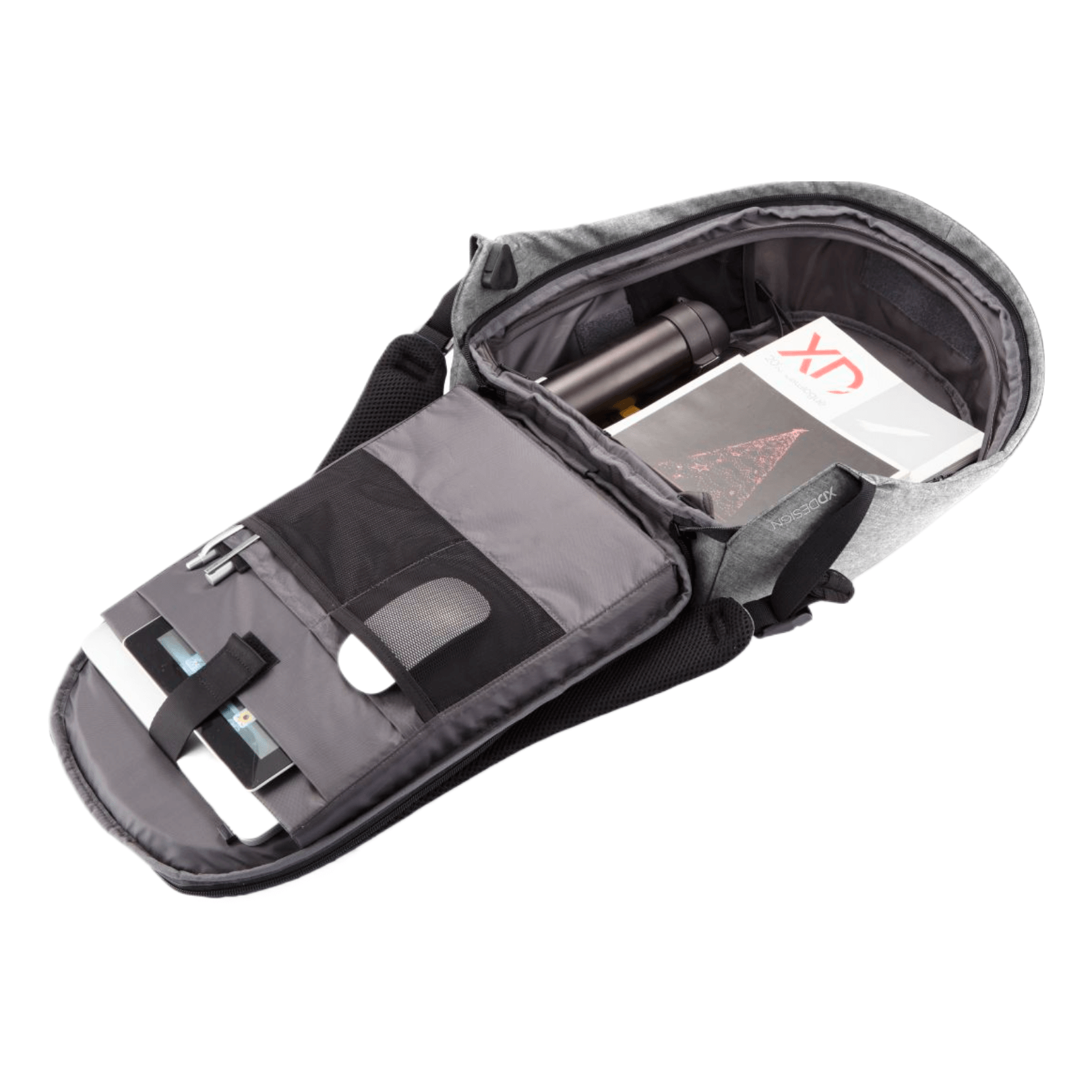Interior view of the XD Design Bobby Pro Anti-Theft Backpack showcasing organized storage.
