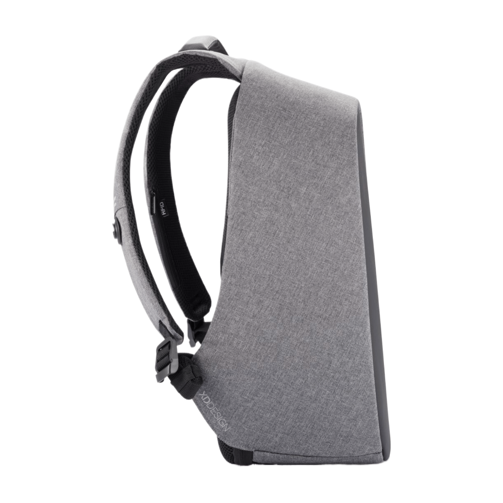 Side view of the XD Design Bobby Pro Anti-Theft Backpack in sleek grey, showcasing its modern, minimalistic design.