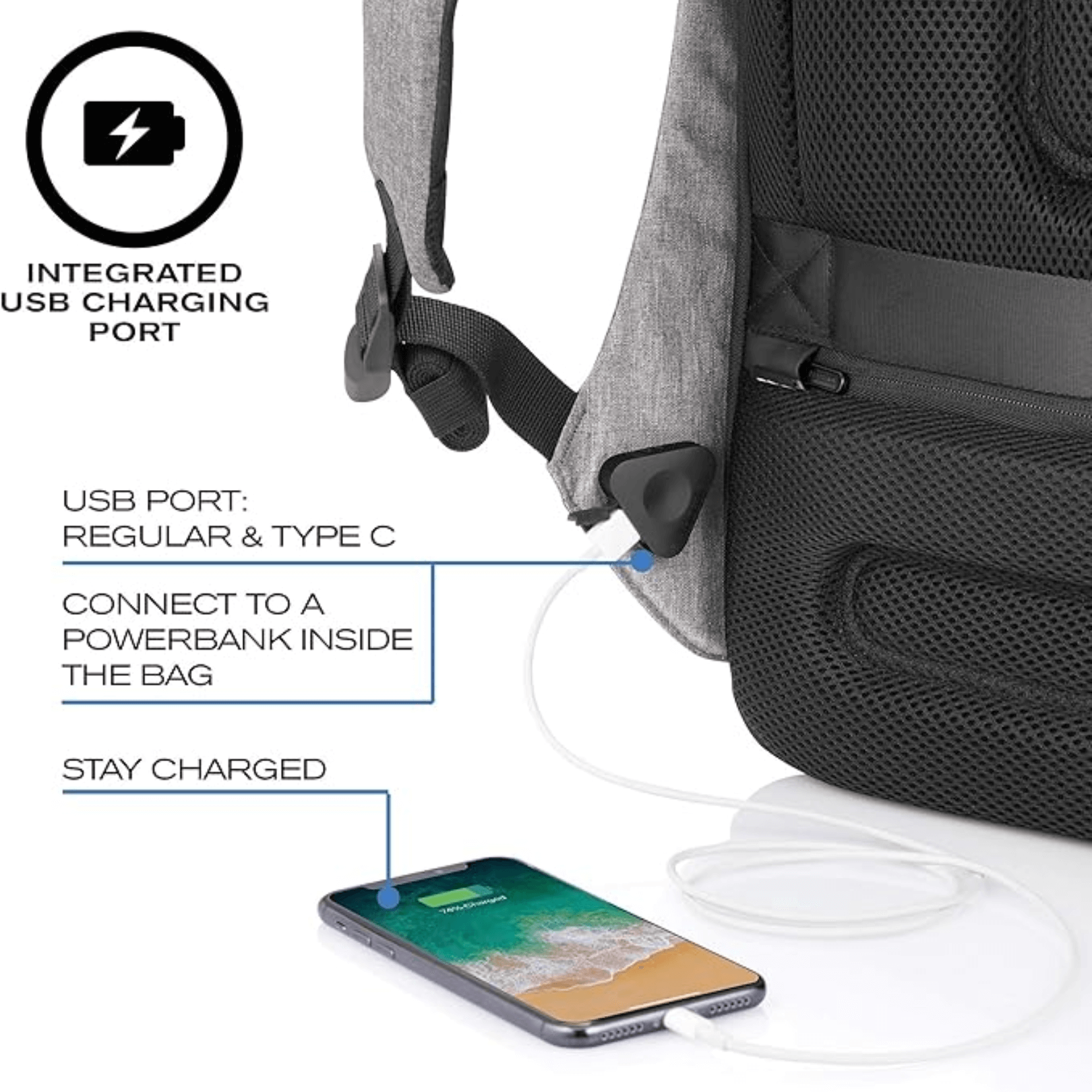XD Design Bobby Pro Backpack with integrated USB charging port for easy device charging on the go.
