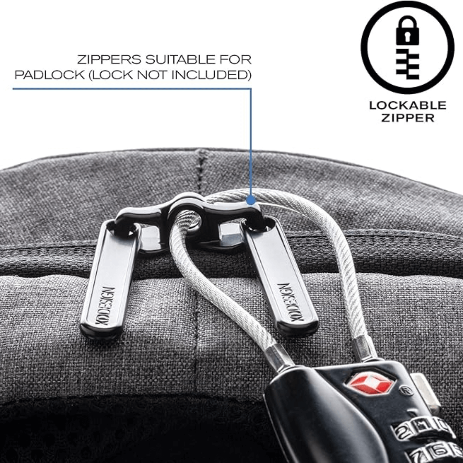 Close-up of lockable zippers on the XD Design Bobby Pro Anti-Theft Backpack for added security.